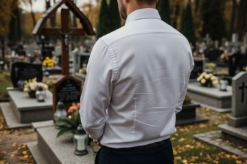 Mężczyzna w białej koszuli stoi przy drewnianym krzyżu na cmentarzu jesienią, złożone dłonie.
