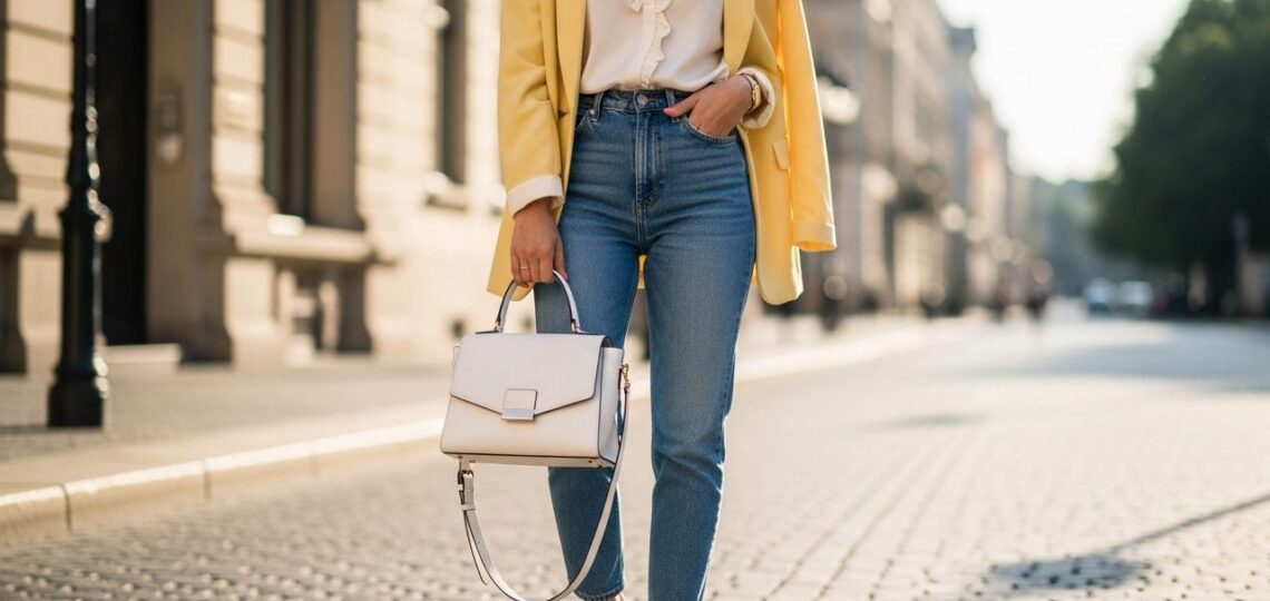 kobieta na ulicy z białą skórzaną torebką w miejskim otoczeniu w modnym casualowym stroju