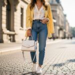 kobieta na ulicy z białą skórzaną torebką w miejskim otoczeniu w modnym casualowym stroju