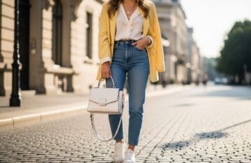 kobieta na ulicy z białą skórzaną torebką w miejskim otoczeniu w modnym casualowym stroju