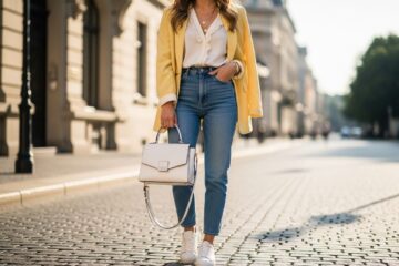 kobieta na ulicy z białą skórzaną torebką w miejskim otoczeniu w modnym casualowym stroju