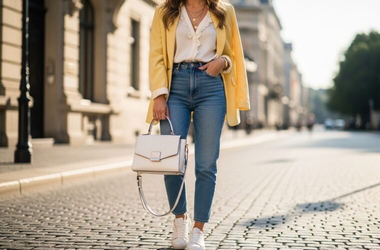 kobieta na ulicy z białą skórzaną torebką w miejskim otoczeniu w modnym casualowym stroju