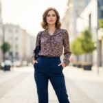 Kobieta w stylowych spodniach i bluzce stoi w nowoczesnym miejskim otoczeniu przy naturalnym świetle.