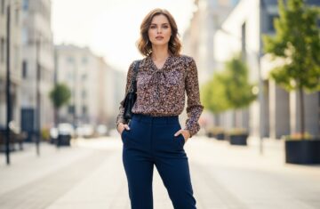 Kobieta w stylowych spodniach i bluzce stoi w nowoczesnym miejskim otoczeniu przy naturalnym świetle.