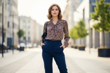 Kobieta w stylowych spodniach i bluzce stoi w nowoczesnym miejskim otoczeniu przy naturalnym świetle.