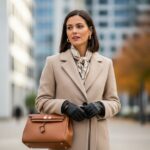 Kobieta w beżowym płaszczu i skórzanej torebce stoi na tle miejskiej ulicy jesienią.