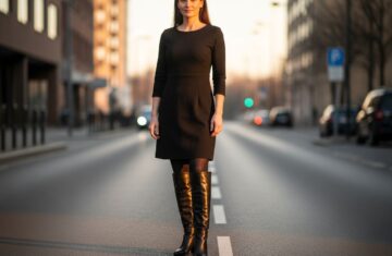 Kobieta w czarnej sukience i skórzanych kozakach stoi na ulicy o zachodzie słońca.