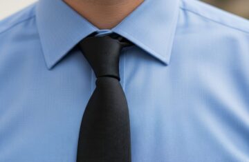 Mężczyzna w niebieskiej koszuli i czarnym krawacie, wyraźnie widoczna faktura tkaniny i węzeł krawata