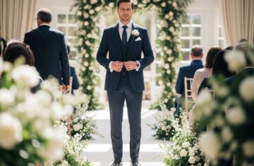 Mężczyzna w granatowym garniturze stojący w eleganckim wnętrzu ślubnym wśród dekoracji kwiatowych.