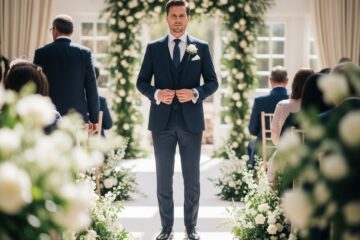 Mężczyzna w granatowym garniturze stojący w eleganckim wnętrzu ślubnym wśród dekoracji kwiatowych.