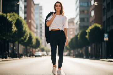 Młoda kobieta w czarnych legginsach i białym t-shircie stoi na ulicy z kurtką na ramieniu.