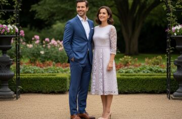 Mężczyzna w granatowym garniturze i kobieta w pastelowej sukience stoją w eleganckim ogrodzie za dnia