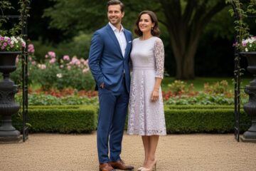Mężczyzna w granatowym garniturze i kobieta w pastelowej sukience stoją w eleganckim ogrodzie za dnia