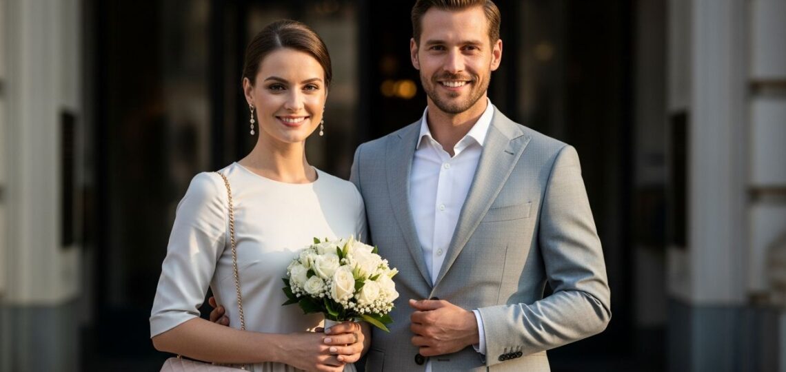 Para elegancko ubrana na cywilny ślub przed wejściem do urzędu miasta w naturalnym świetle dnia