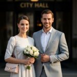 Para elegancko ubrana na cywilny ślub przed wejściem do urzędu miasta w naturalnym świetle dnia