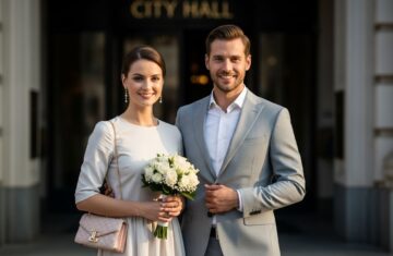 Para elegancko ubrana na cywilny ślub przed wejściem do urzędu miasta w naturalnym świetle dnia