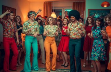 Wielopokoleniowa grupa przyjaciół tańcząca na domowej imprezie w stylu PRL lat 70. i 80.