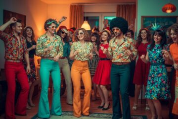 Wielopokoleniowa grupa przyjaciół tańcząca na domowej imprezie w stylu PRL lat 70. i 80.