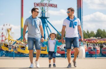 Młoda rodzina w Energylandii na tle kolorowych atrakcji w słoneczny dzień ubrana wygodnie na świeżym powietrzu