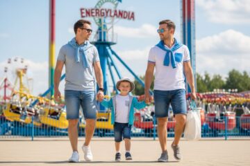 Młoda rodzina w Energylandii na tle kolorowych atrakcji w słoneczny dzień ubrana wygodnie na świeżym powietrzu