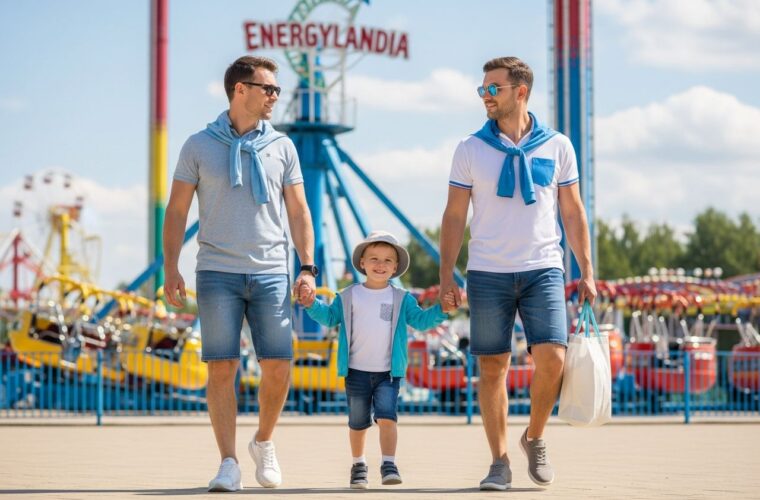 Młoda rodzina w Energylandii na tle kolorowych atrakcji w słoneczny dzień ubrana wygodnie na świeżym powietrzu