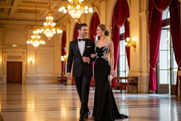 Para w eleganckich strojach wchodzi do klasycznej sali koncertowej z marmurową podłogą i żyrandolami.