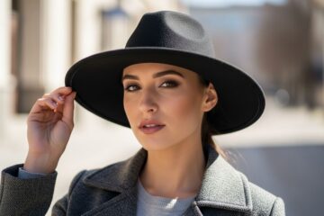 Młoda kobieta w kapeluszu fedora na tle rozmytego miejskiego krajobrazu, skupienie na twarzy i czapce