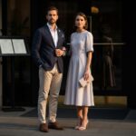 Mężczyzna i kobieta przed wejściem do eleganckiej restauracji w modnych stylizacjach przy zachodzie słońca