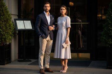 Mężczyzna i kobieta przed wejściem do eleganckiej restauracji w modnych stylizacjach przy zachodzie słońca