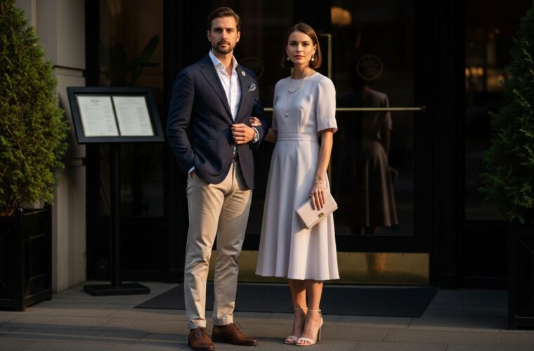 Mężczyzna i kobieta przed wejściem do eleganckiej restauracji w modnych stylizacjach przy zachodzie słońca