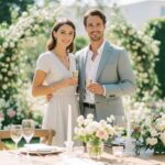 Para na eleganckim weselu na świeżym powietrzu w towarzystwie zieleni i dekoracji kwiatowych.
