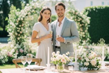 Para na eleganckim weselu na świeżym powietrzu w towarzystwie zieleni i dekoracji kwiatowych.