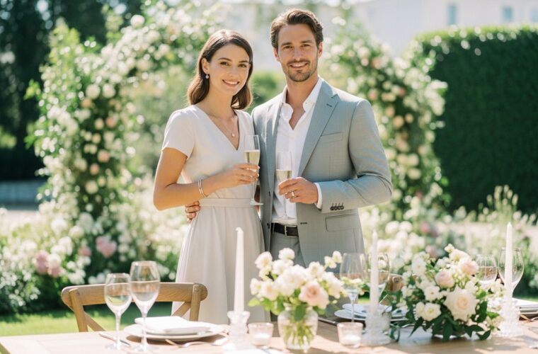 Para na eleganckim weselu na świeżym powietrzu w towarzystwie zieleni i dekoracji kwiatowych.