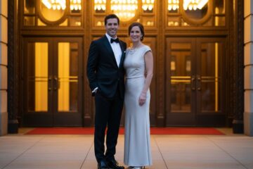 Elegancka para stoi przed wejściem do teatru na czerwonym dywanie przy świetle wieczoru.