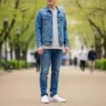 Osoba w dżinsowej kurtce, t-shircie i jeansach na tle miejskiego parku w łagodny, wiosenny dzień
