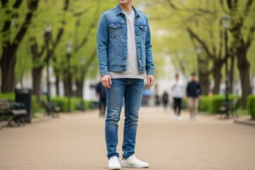 Osoba w dżinsowej kurtce, t-shircie i jeansach na tle miejskiego parku w łagodny, wiosenny dzień