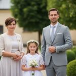 Rodzina podczas komunii świętej na zewnątrz w ogrodzie kościelnym, dziewczynka w białej sukience.