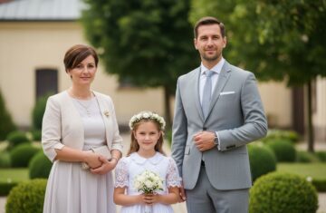 Rodzina podczas komunii świętej na zewnątrz w ogrodzie kościelnym, dziewczynka w białej sukience.