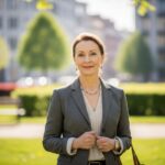 Dojrzała kobieta w eleganckim ubraniu stoi w miejskim parku na tle zieleni i budynków.