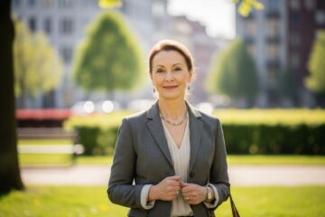 Dojrzała kobieta w eleganckim ubraniu stoi w miejskim parku na tle zieleni i budynków.