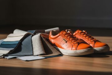 Pomarańczowe buty sportowe na drewnianej podłodze obok próbek tkanin o różnych fakturach.