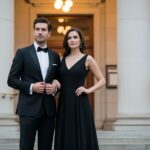 Elegancka para przed klasyczną salą koncertową w wieczorowych strojach, oświetlona ciepłym światłem.