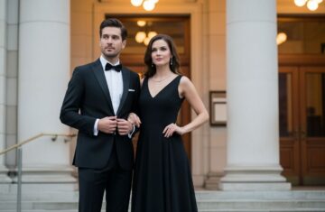 Elegancka para przed klasyczną salą koncertową w wieczorowych strojach, oświetlona ciepłym światłem.