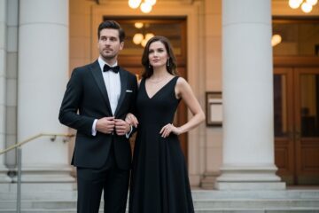 Elegancka para przed klasyczną salą koncertową w wieczorowych strojach, oświetlona ciepłym światłem.