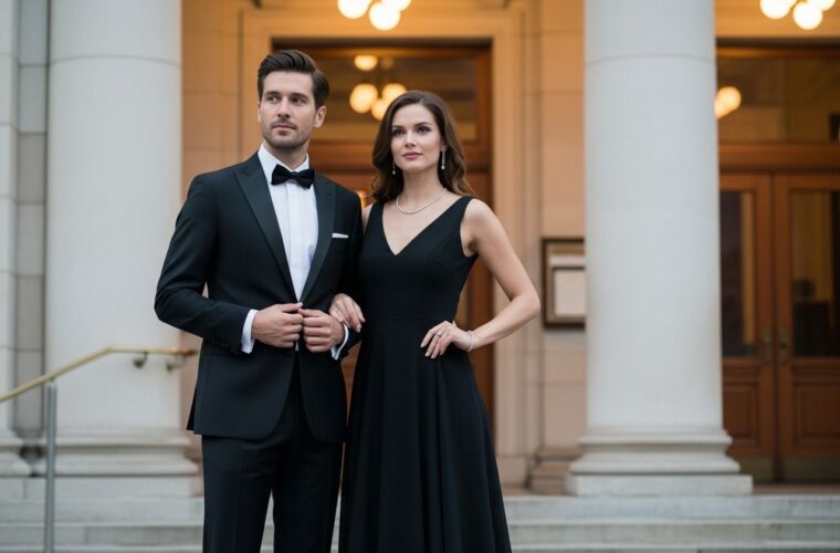 Elegancka para przed klasyczną salą koncertową w wieczorowych strojach, oświetlona ciepłym światłem.