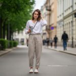 Młoda kobieta w casualowym ubraniu stoi na miejskiej ulicy, trzyma kubek i torbę, w tle budynki i przechodnie.