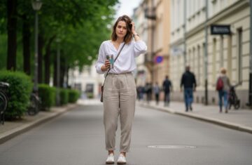 Młoda kobieta w casualowym ubraniu stoi na miejskiej ulicy, trzyma kubek i torbę, w tle budynki i przechodnie.