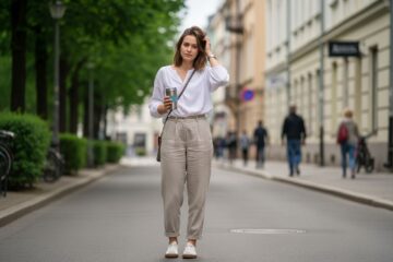 Młoda kobieta w casualowym ubraniu stoi na miejskiej ulicy, trzyma kubek i torbę, w tle budynki i przechodnie.