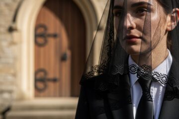 Osoba w czarnym stroju żałobnym i welonie przed starymi drzwiami drewnianej kaplicy