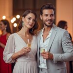 Młoda para na weselnym afterparty trzyma kieliszki szampana, otoczona gośćmi w eleganckich strojach.